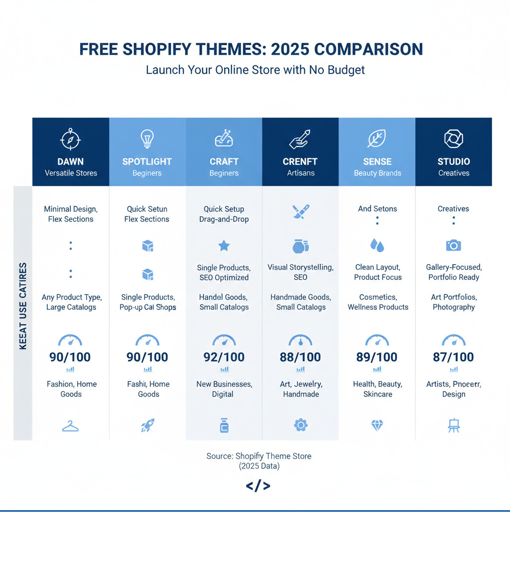 infographic showing comparison of top 5 free shopify themes with their key features, best use cases, performance scores, and ideal industries including Dawn for versatile stores, Spotlight for beginners, Craft for artisans, Sense for beauty brands, and Studio for creatives - free shopify website templates infographic 