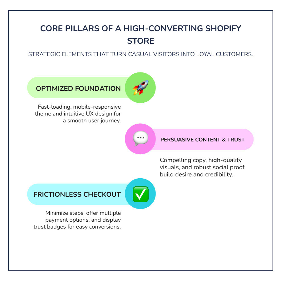 Infographic showing the five core pillars of a high-converting Shopify store: Fast Theme with load times under 3 seconds and mobile optimization; Strong UX with intuitive navigation and clear product pages; Compelling Copy with outcome-driven headlines and persuasive descriptions; Social Proof including customer reviews and testimonials; Easy Checkout with minimal steps and trust badges - High-converting Shopify store infographic infographic-line-3-steps-colors