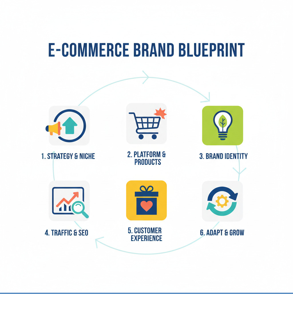 detailed infographic showing the complete step-by-step process of building an ecommerce brand from initial planning through market research, brand identity creation, store setup, and ongoing marketing - how to build a successful ecommerce brand infographic