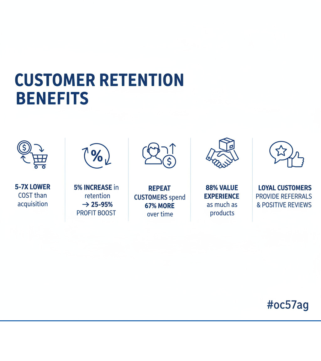 Infographic showing customer retention benefits: 5-7x lower cost than acquisition, 5% increase in retention leads to 25-95% profit boost, repeat customers spend 67% more over time, 88% of customers value experience as much as products, loyal customers provide referrals and positive reviews - improve customer retention rate infographic  Infographic showing customer retention benefits: 5-7x lower cost than acquisition, 5% increase in retention leads to 25-95% profit boost, repeat customers spend 67% more over time, 88% of customers value experience as much as products, loyal customers provide referrals and positive reviews - improve customer retention rate infographic