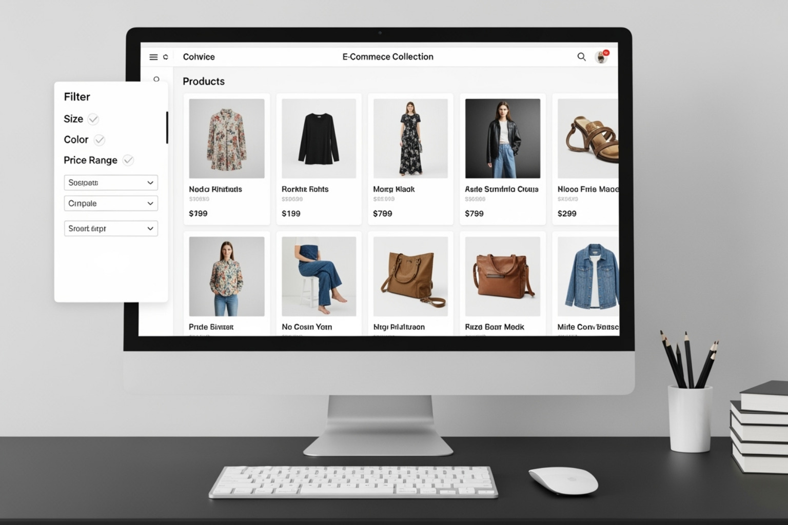 A well-organized collection page with clear filters for size, color, and price, with products neatly displayed - Shopify product filter apps A well-organized collection page with clear filters for size, color, and price, with products neatly displayed - Shopify product filter apps