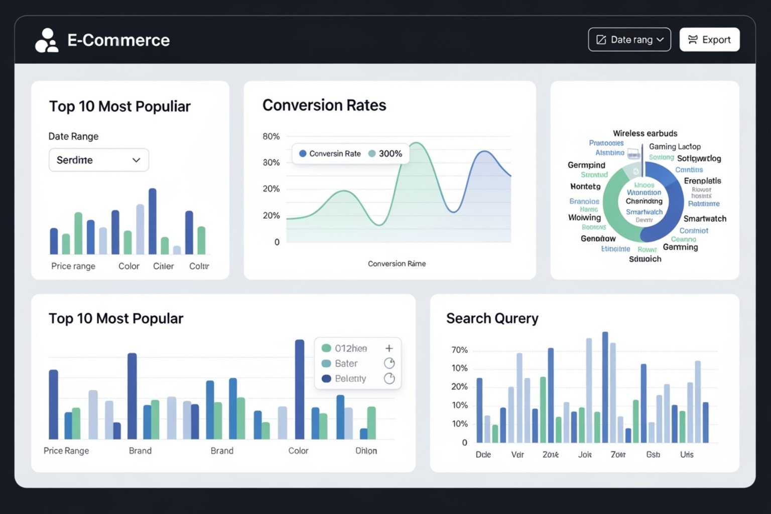 A filter app's dashboard showing search query analytics, popular filters, and conversion rates over time - Shopify product filter apps A filter app's dashboard showing search query analytics, popular filters, and conversion rates over time - Shopify product filter apps