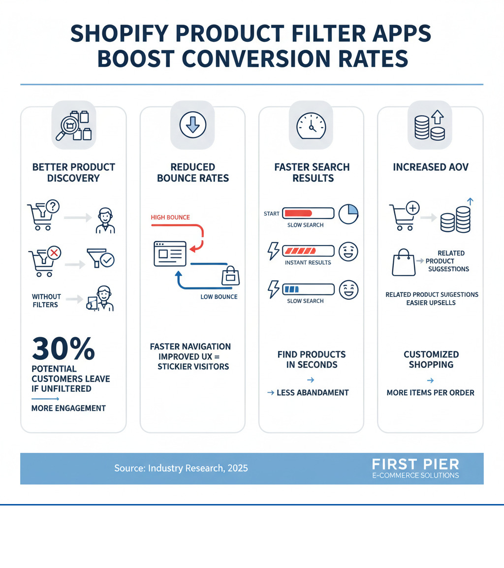 Detailed infographic showing how Shopify product filter apps improve conversion rates through better product findy, reduced bounce rates, faster search results, and increased average order value with statistics and user flow diagrams - Shopify product filter apps infographic  Detailed infographic showing how Shopify product filter apps improve conversion rates through better product findy, reduced bounce rates, faster search results, and increased average order value with statistics and user flow diagrams - Shopify product filter apps infographic