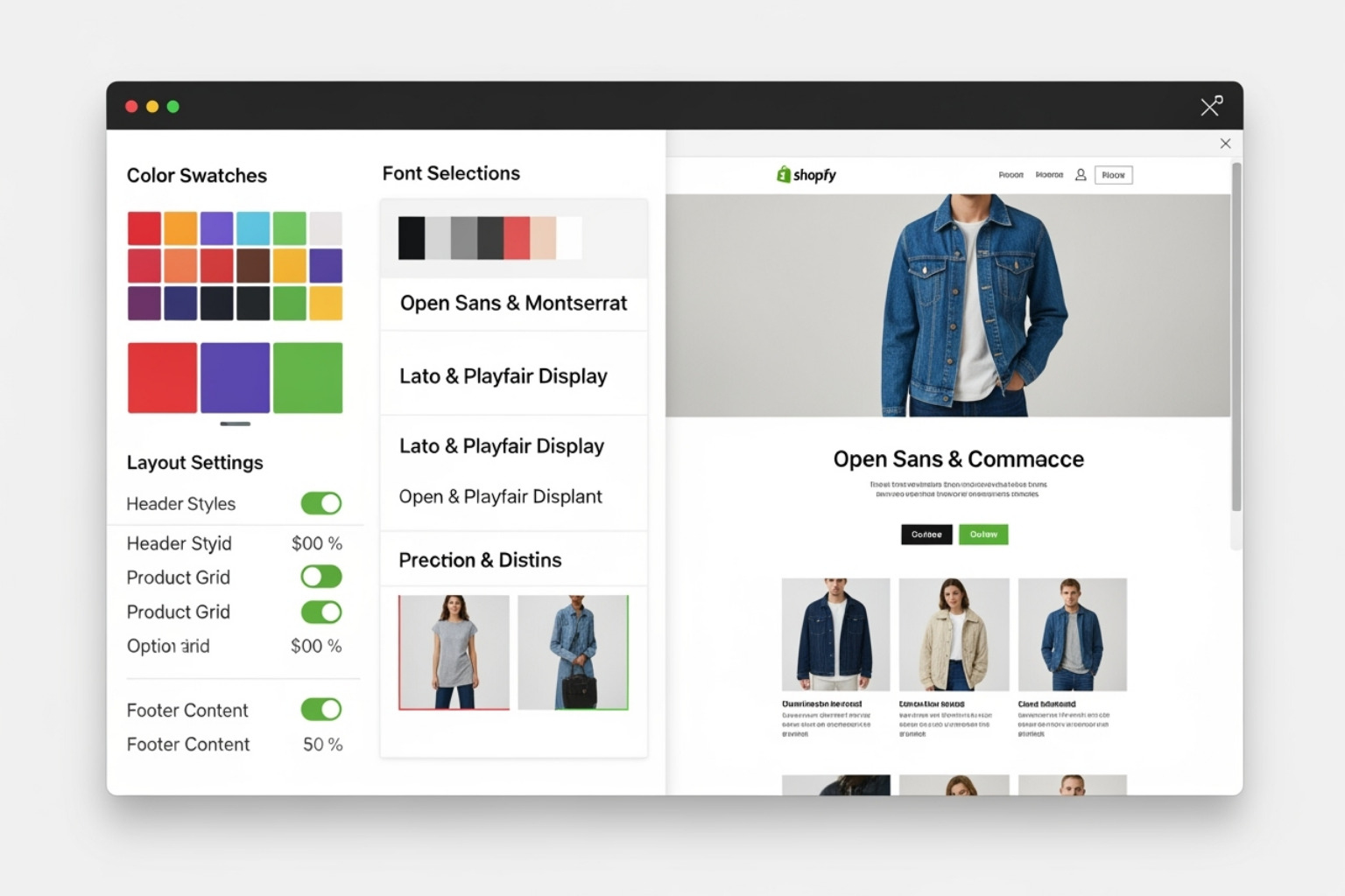 A Shopify theme's customization panel showing various options like color swatches and layout settings - Shopify premium templates A Shopify theme's customization panel showing various options like color swatches and layout settings - Shopify premium templates