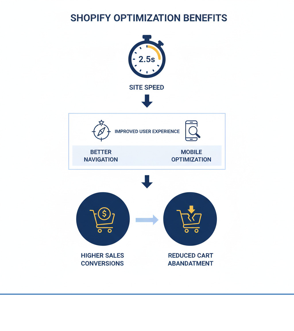Infographic showing the connection between site speed at 2.5 seconds or less, improved user experience through better navigation and mobile optimization, leading to higher sales conversions and reduced cart abandonment rates - Shopify store optimization tips infographic 