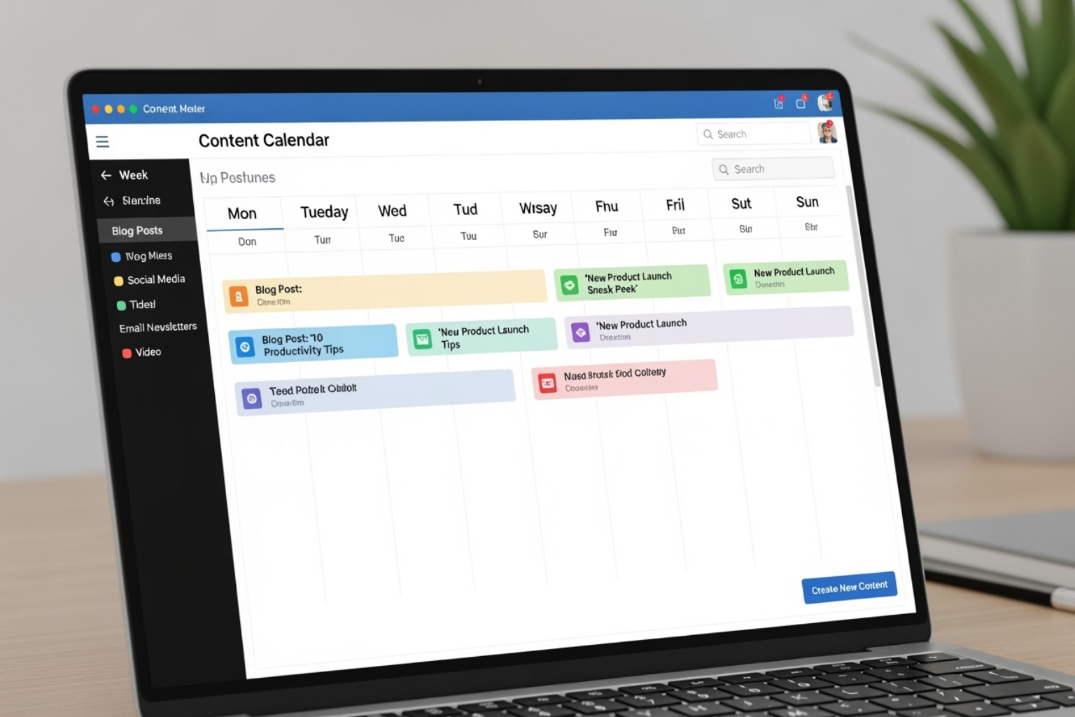 A laptop screen displaying a content calendar with various content types scheduled for different days of the week, showing blog posts, social media updates, and email newsletters - Shopify content marketing A laptop screen displaying a content calendar with various content types scheduled for different days of the week, showing blog posts, social media updates, and email newsletters - Shopify content marketing