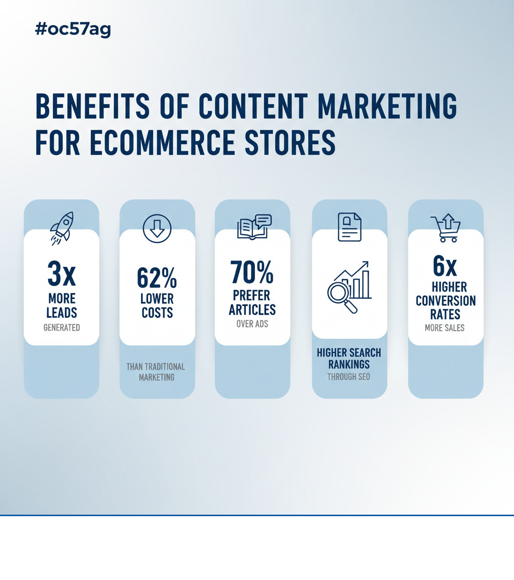 Detailed infographic showing the key benefits of content marketing for ecommerce stores: 3x more leads generated, 62% lower costs than traditional marketing, 70% of customers prefer articles over ads, higher search rankings through SEO, and 6x higher conversion rates, with icons and statistics clearly displayed - Shopify content marketing infographic Detailed infographic showing the key benefits of content marketing for ecommerce stores: 3x more leads generated, 62% lower costs than traditional marketing, 70% of customers prefer articles over ads, higher search rankings through SEO, and 6x higher conversion rates, with icons and statistics clearly displayed - Shopify content marketing infographic