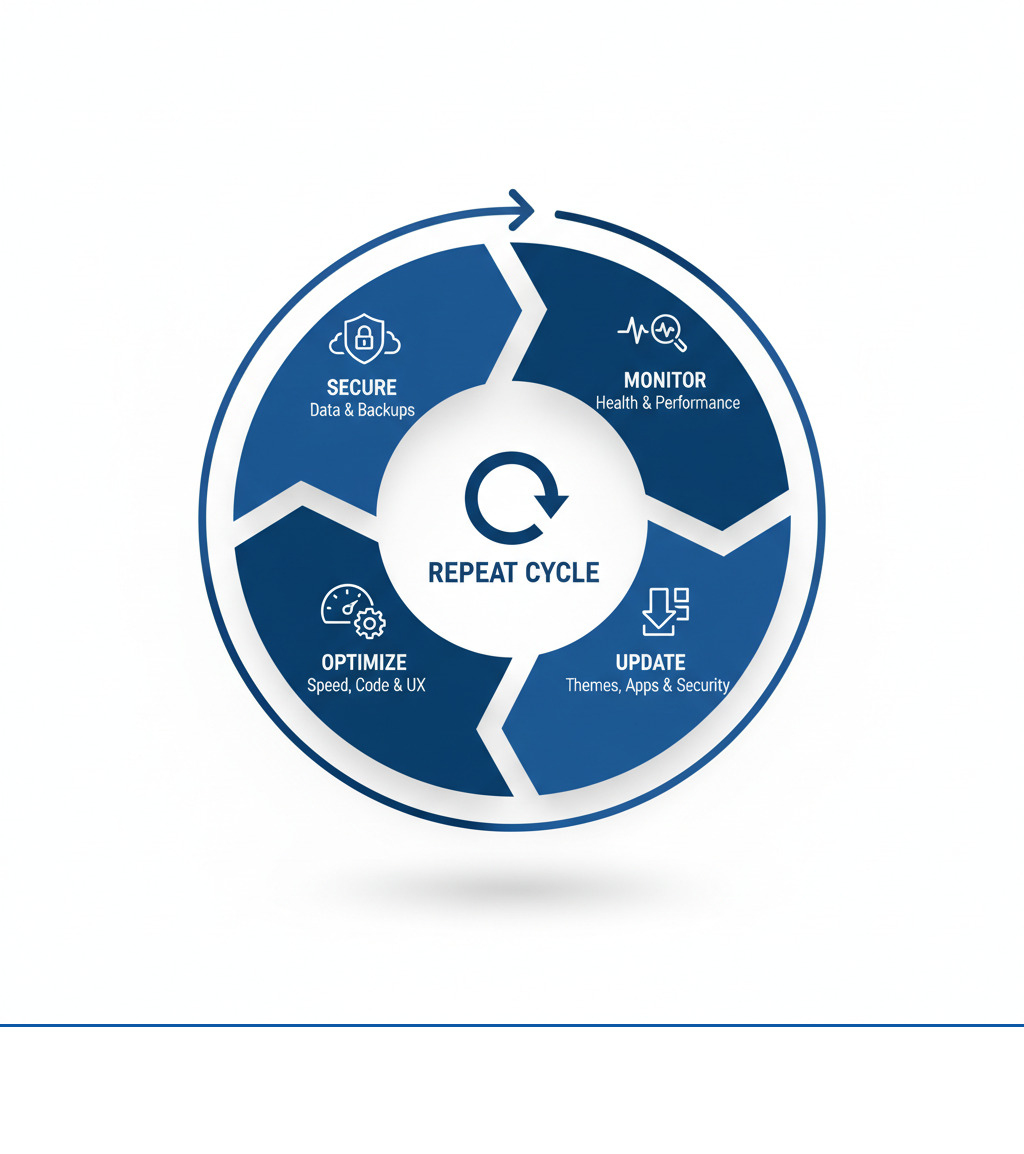 Infographic showing the continuous cycle of Shopify maintenance: Monitor store health and performance, Update themes apps and security patches, Optimize speed code and user experience, Secure data with backups and vulnerability scans, then repeat - Shopify maintenance services infographic 