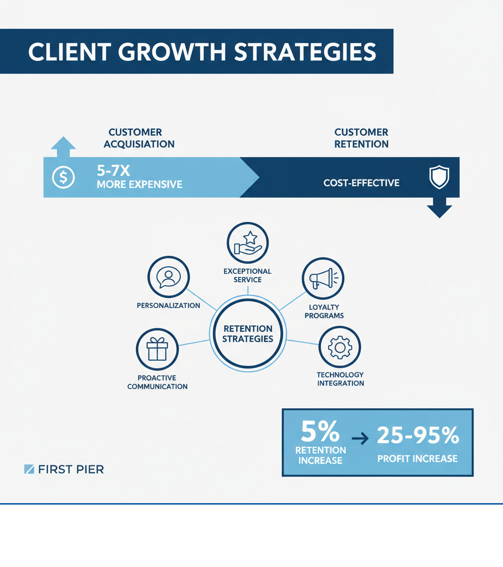 infographic showing cost comparison between customer acquisition versus retention, with retention strategies including personalization, exceptional service, loyalty programs, proactive communication, and technology integration, alongside statistics showing 5% retention increase leads to 25-95% profit increase - how to retain clients infographic 