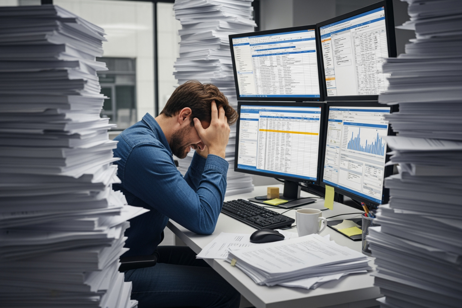 Graphic showing a person frustrated with manual data entry, surrounded by stacks of paper and multiple computer screens, symbolizing the challenges of disconnected systems. - how to integrate shopify to erp infor syteline Graphic showing a person frustrated with manual data entry, surrounded by stacks of paper and multiple computer screens, symbolizing the challenges of disconnected systems. - how to integrate shopify to erp infor syteline