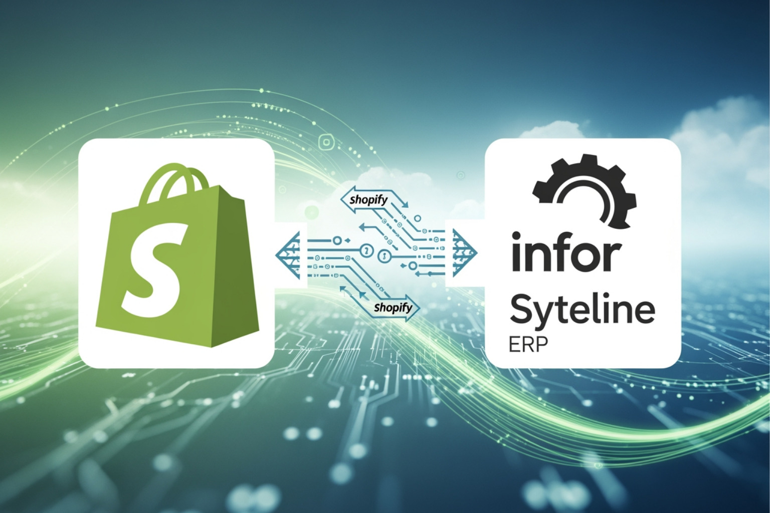 Graphic showing a flowchart where Shopify and Infor Syteline are connected by a central "Middleware" box, with arrows indicating bidirectional data flow for products, orders, customers, and inventory. - how to integrate shopify to erp infor syteline Graphic showing a flowchart where Shopify and Infor Syteline are connected by a central "Middleware" box, with arrows indicating bidirectional data flow for products, orders, customers, and inventory. - how to integrate shopify to erp infor syteline