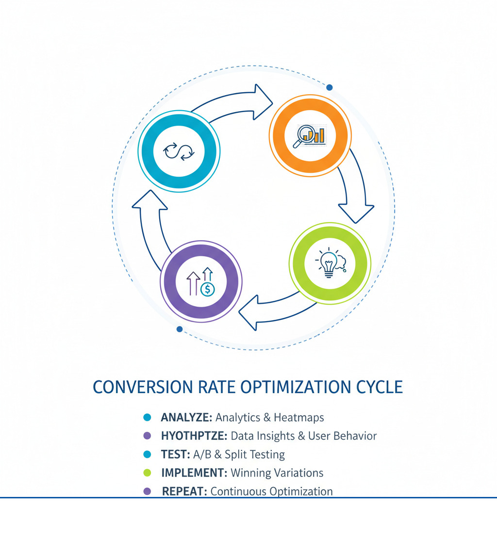 Infographic showing the CRO cycle: five connected steps in a circular flow - 1) Analyze current performance using analytics and heatmaps to identify friction points, 2) Come up with ideas for improvements based on data insights and user behavior, 3) Test changes through A/B testing and split testing with statistical significance, 4) Implement winning variations that improve conversion rates, 5) Repeat the process continuously for ongoing optimization - shopify store conversion rate optimization infographic Infographic showing the CRO cycle: five connected steps in a circular flow - 1) Analyze current performance using analytics and heatmaps to identify friction points, 2) Come up with ideas for improvements based on data insights and user behavior, 3) Test changes through A/B testing and split testing with statistical significance, 4) Implement winning variations that improve conversion rates, 5) Repeat the process continuously for ongoing optimization - shopify store conversion rate optimization infographic