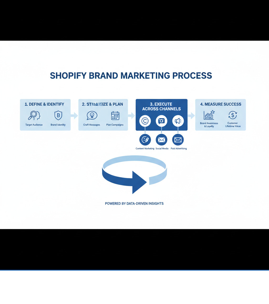 Infographic showing the complete Shopify brand marketing process: starting with defining target audience and brand identity, moving through crafting brand messages and planning campaigns, then running across multiple channels including content marketing, social media, email, and paid advertising, and finally measuring success through brand awareness, loyalty, preference metrics, and customer lifetime value - Shopify brand marketing infographic Infographic showing the complete Shopify brand marketing process: starting with defining target audience and brand identity, moving through crafting brand messages and planning campaigns, then running across multiple channels including content marketing, social media, email, and paid advertising, and finally measuring success through brand awareness, loyalty, preference metrics, and customer lifetime value - Shopify brand marketing infographic