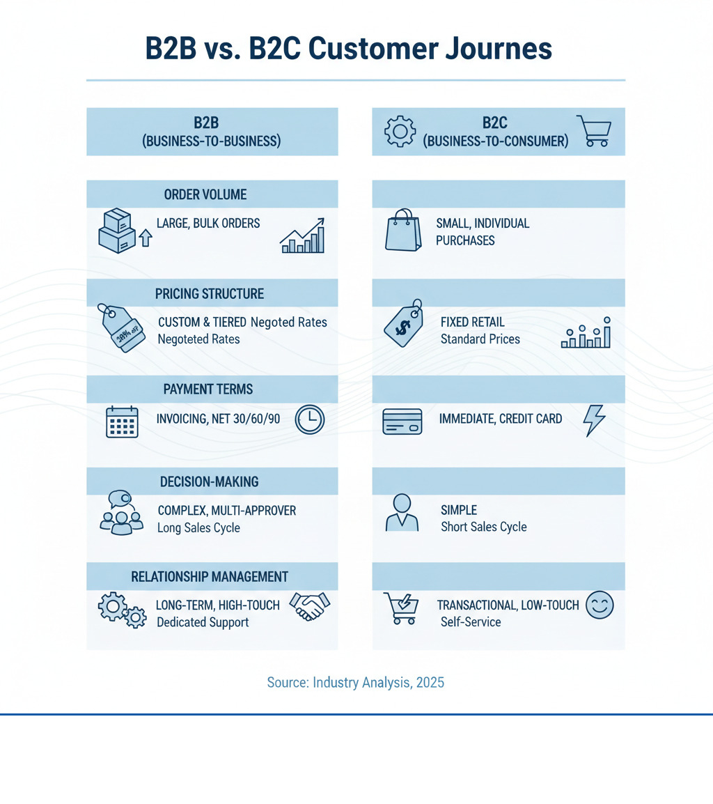 Infographic showing the key differences between B2B and B2C customer journeys, including order volume, pricing structure, payment terms, decision-making process, and relationship management requirements - Shopify wholesale portal infographic 