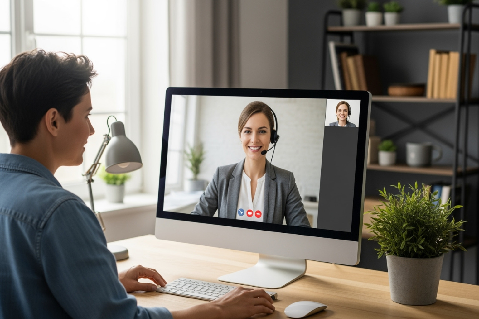 Person talking to a support agent on a computer - Shopify theme customization help Person talking to a support agent on a computer - Shopify theme customization help