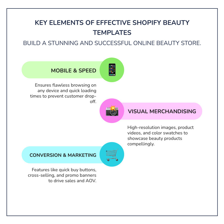 Infographic showing the key elements of effective Shopify beauty templates: at the top, a mobile phone and desktop computer representing mobile responsiveness and speed optimization; in the middle, product images with color swatches and high-resolution photos representing visual merchandising features; at the bottom, shopping cart icons and promotional banners representing conversion tools and marketing features; arrows connect these three tiers showing how they work together to create a successful beauty store - shopify beauty templates infographic infographic-line-3-steps-colors