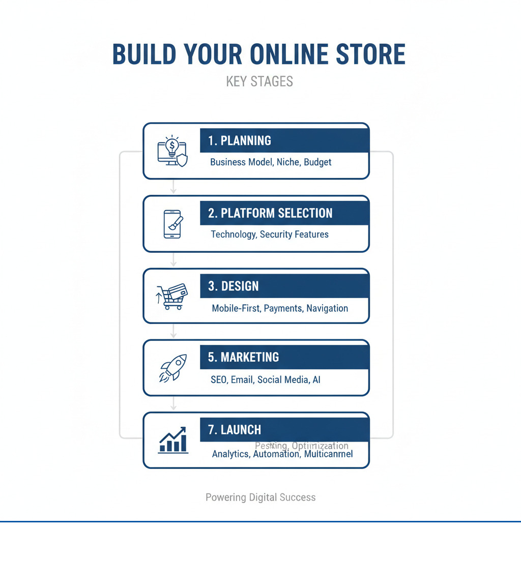 Infographic showing the key stages of building an online store: 1. Planning (business model, niche, budget), 2. Platform Selection (choose technology, security features), 3. Design (mobile-first, brand consistency, navigation), 4. Setup (products, payments, shipping), 5. Marketing (SEO, email, social media, AI), 6. Launch (testing, improvement), 7. Growth (analytics, automation, multichannel expansion) - Build e-commerce website infographic 