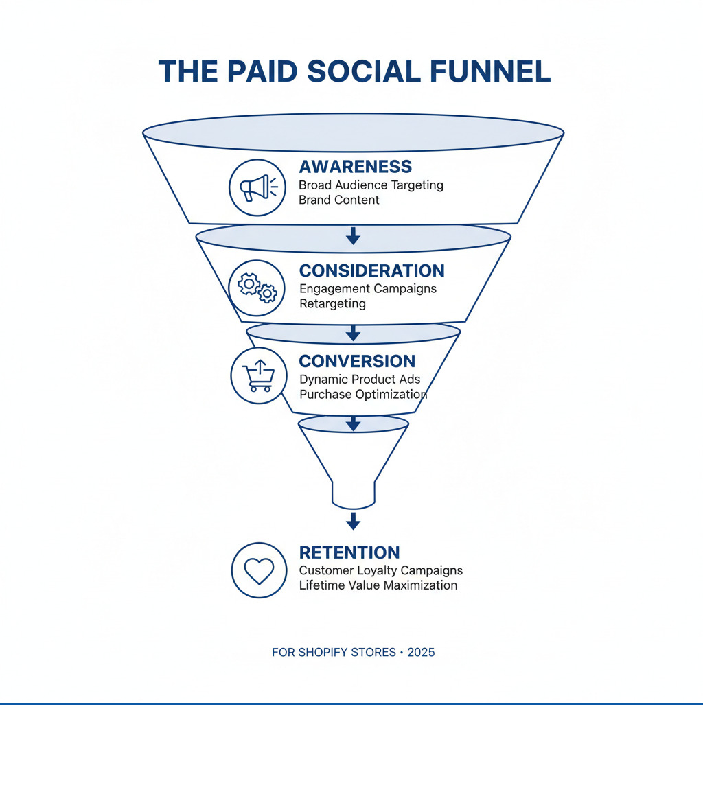 Infographic showing the paid social funnel: Awareness stage with broad audience targeting and brand content, Consideration stage with engagement campaigns and retargeting, Conversion stage with dynamic product ads and purchase optimization, and Retention stage with customer loyalty campaigns and lifetime value maximization - paid social shopify agency infographic 