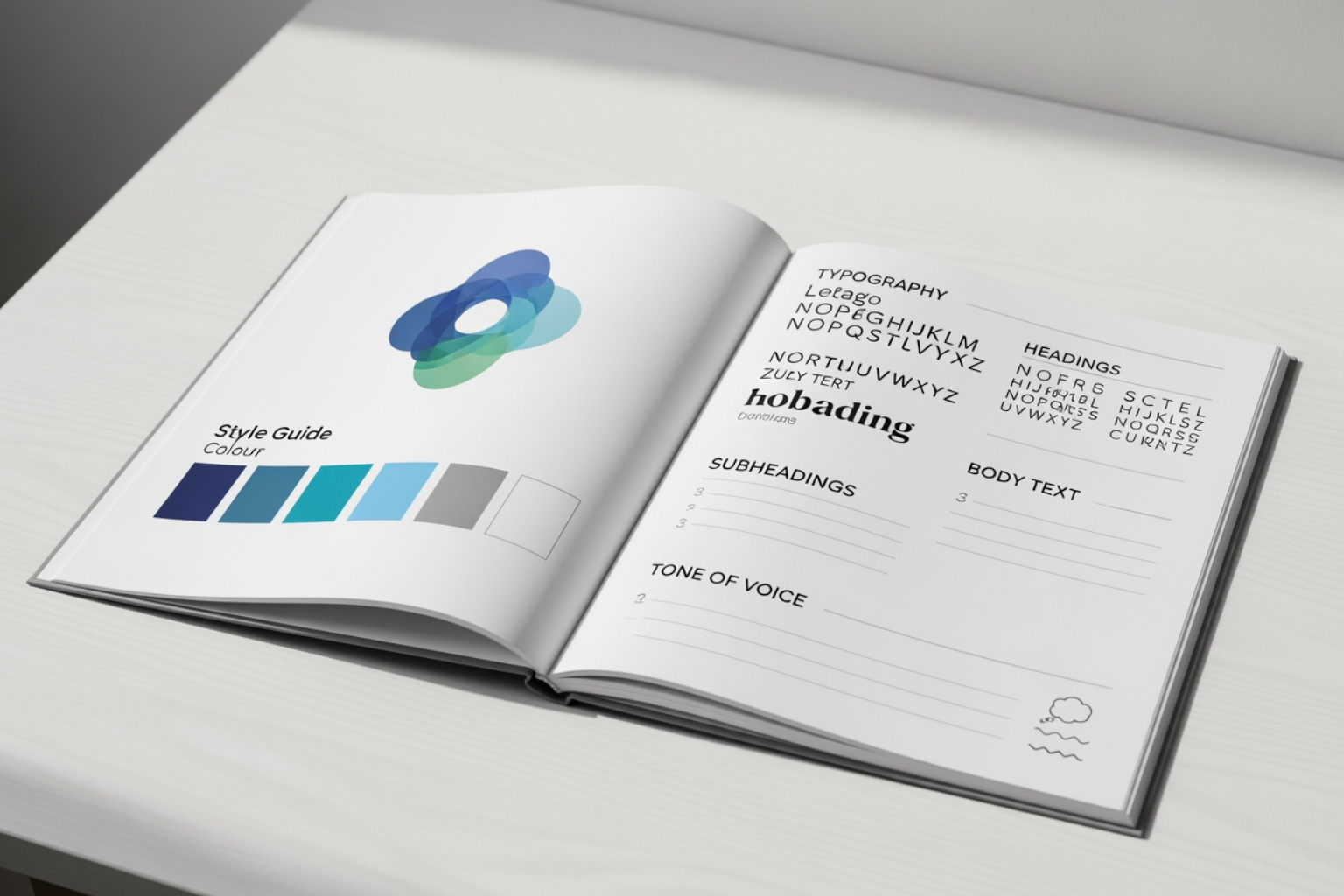 Open brand style guide showing sections for logo usage, color palette, typography, and tone of voice guidelines - Shopify Branding and Identity