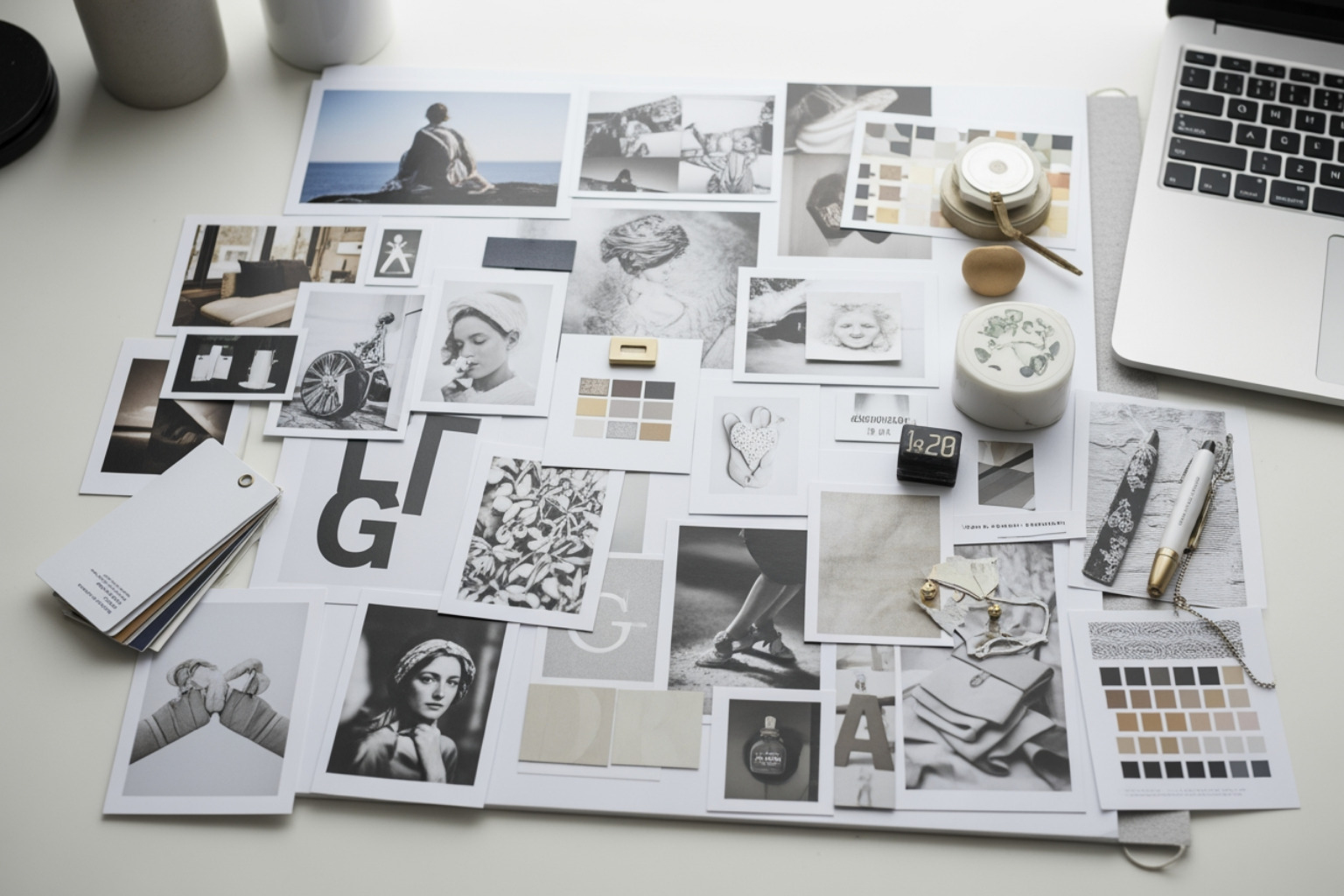 Curated collection of images, colors, and textures on a mood board, representing the aesthetic and personality of a fictional Shopify brand - Shopify Branding and Identity