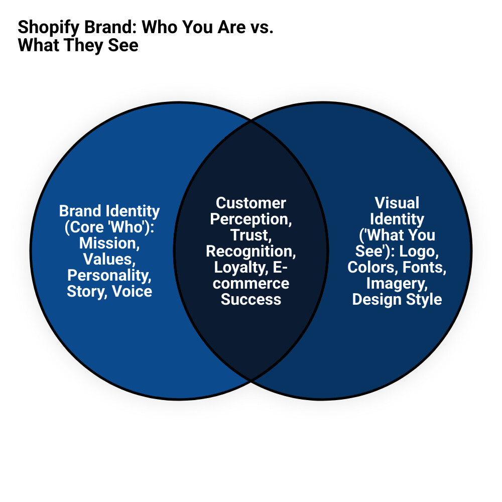 Detailed infographic showing the relationship between Brand Identity and Visual Identity for Shopify stores, with Brand Identity at the core containing mission, values, personality, and story, surrounded by Visual Identity elements including logo, color palette, typography, imagery, and graphics, with arrows showing how these elements work together to create customer perception and trust - Shopify Branding and Identity infographic venn_diagram