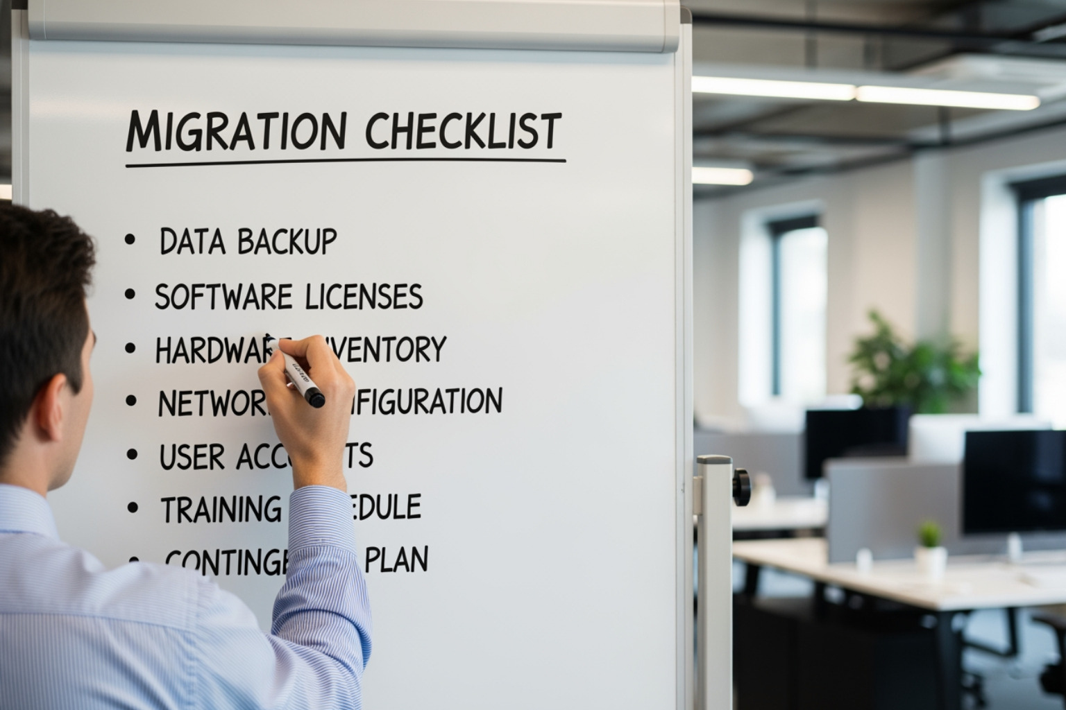 person working on migration checklist on whiteboard - miva to shopify