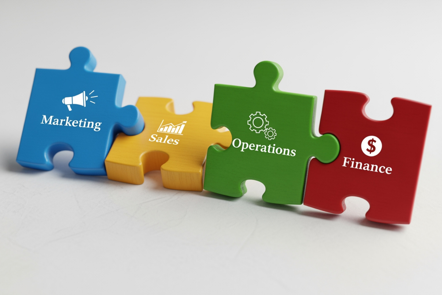 Puzzle pieces labeled "Marketing," "Product," "Operations," and "Finance" coming together - Ecommerce Strategic Planning