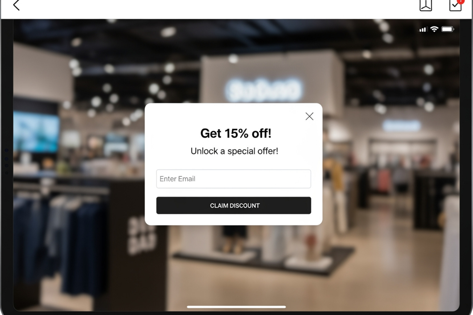 Shopify pop-up form offering a discount for an email signup. - Shopify Email Marketing