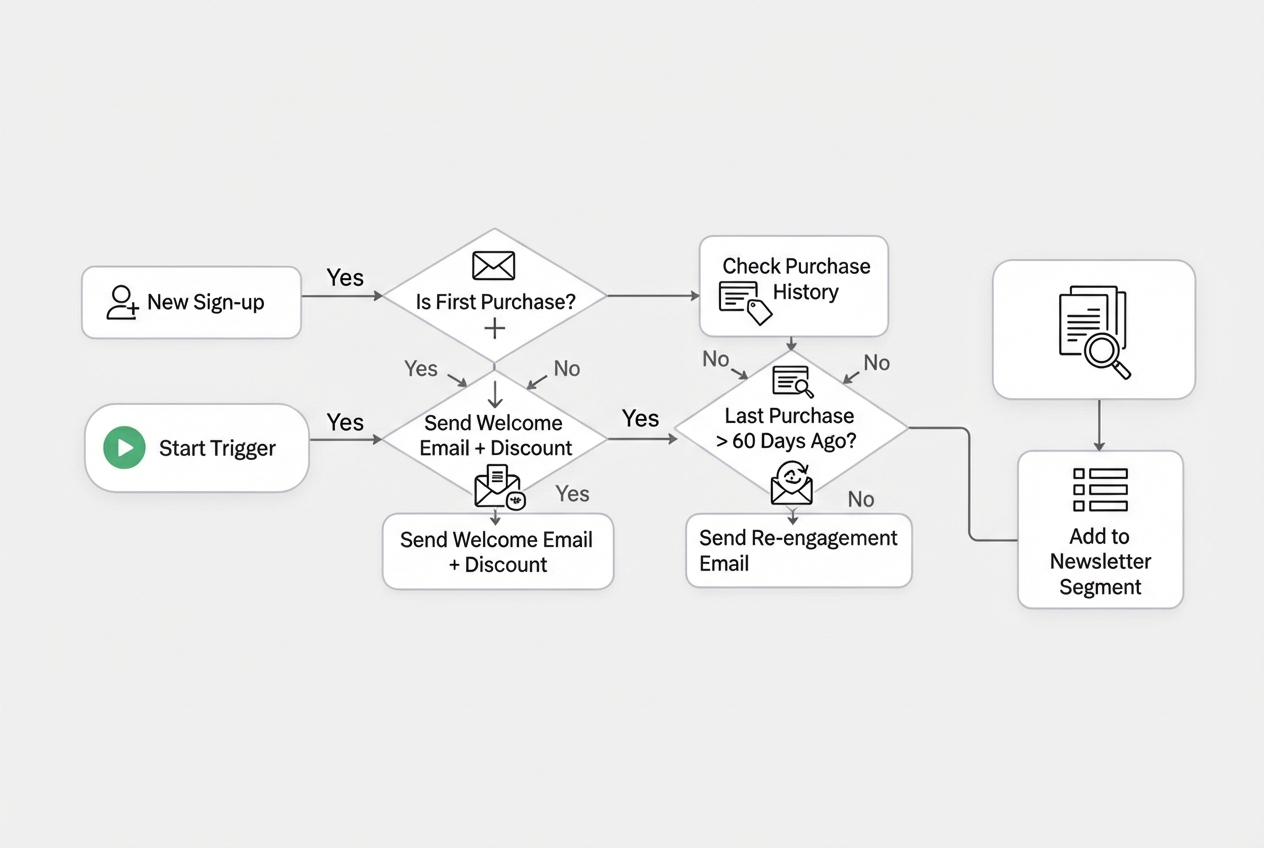 email automation workflow diagram showing triggers and actions. - Shopify Email Marketing