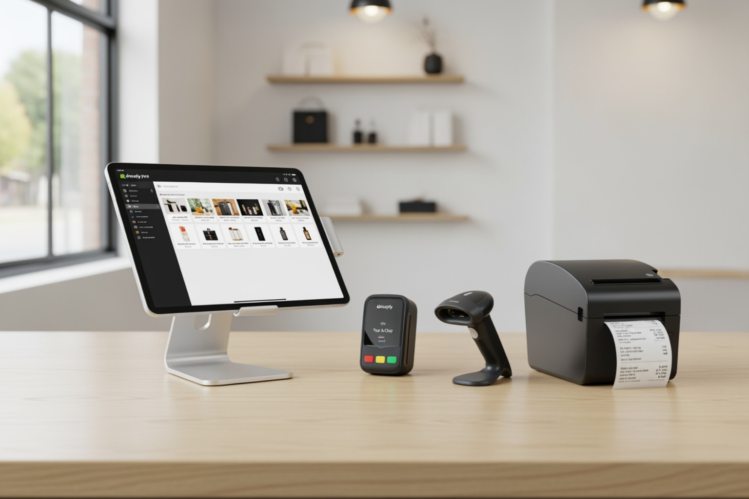 A complete Shopify POS hardware setup including a tablet on a stand, a sleek card reader, a barcode scanner, and a compact receipt printer, all neatly arranged on a countertop - shopify pos
