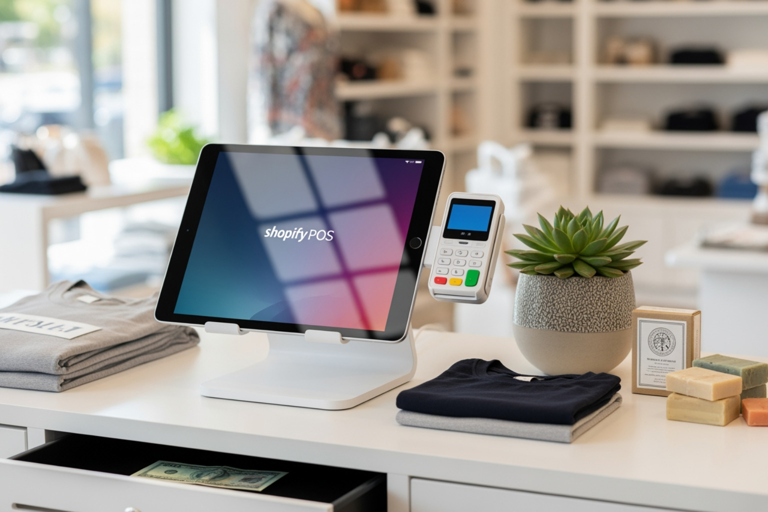 A close-up image of the Shopify POS app interface on a tablet, showing a product grid with various items, a customer's cart with selected products, and options for applying discounts or processing payment. - shopify pos