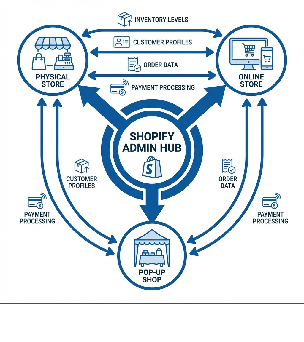 Infographic showing how Shopify POS creates a unified system: a central Shopify admin hub connects to multiple sales channels (physical store, online store, pop-up shop), with arrows showing real-time sync of inventory levels, customer profiles, order data, and payment processing across all channels - shopify pos infographic 