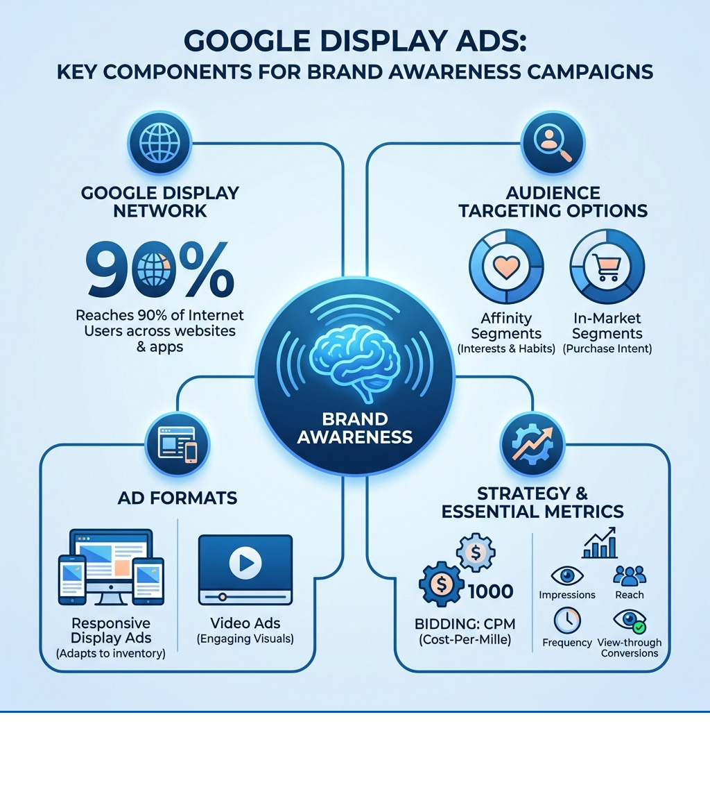 Infographic showing the key components of a Google Display Ads brand awareness campaign: the Google Display Network reaching 90% of internet users, audience targeting options including affinity and in-market segments, ad formats like responsive display and video ads, CPM bidding strategy, and essential metrics including impressions, reach, frequency and view-through conversions - google display ads brand awareness infographic 