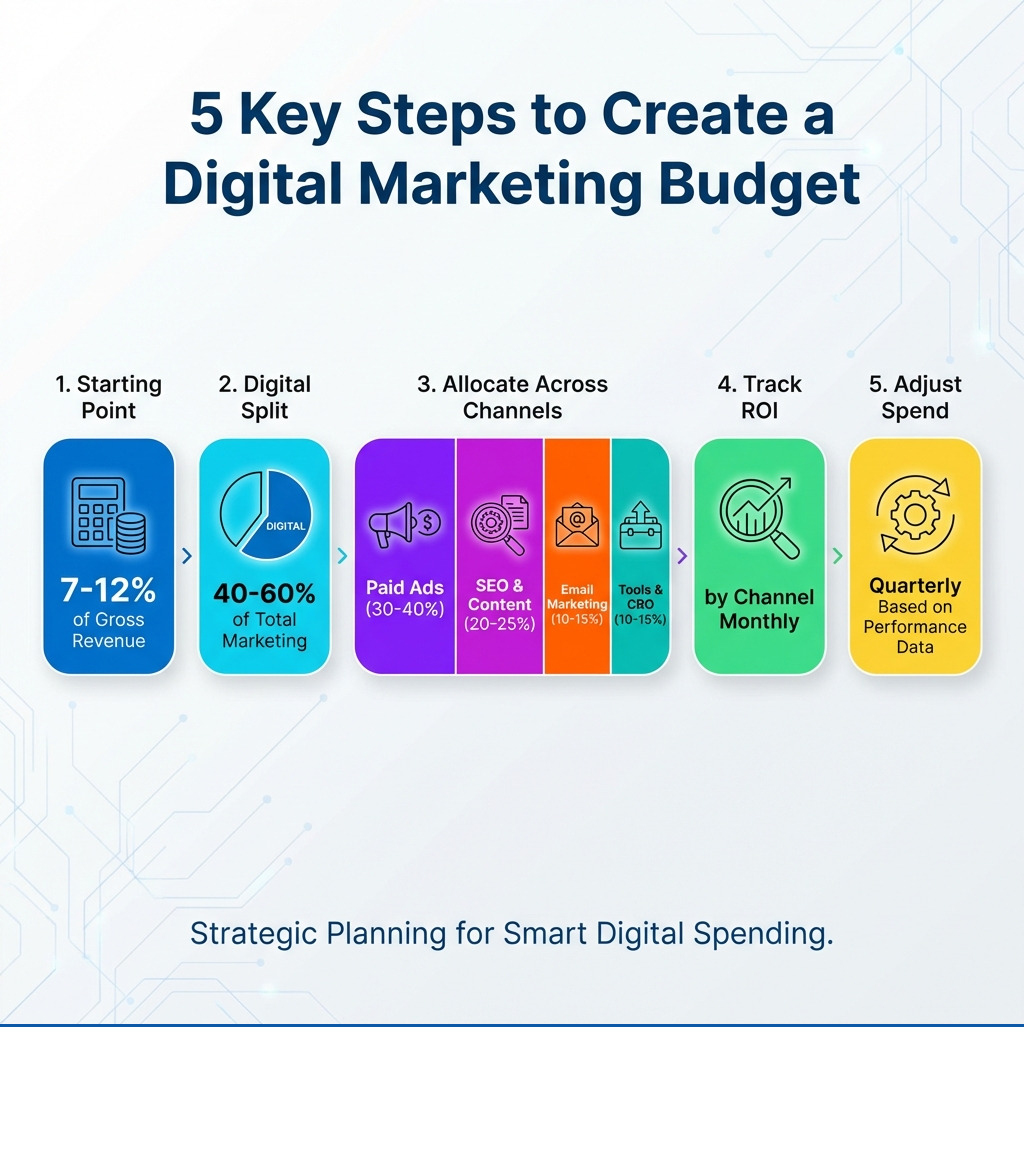 Infographic showing the key steps to create a digital marketing budget: 1. Calculate 7-12% of gross revenue as your starting point, 2. Split 40-60% of total marketing budget to digital channels, 3. Allocate across paid ads (30-40%), SEO and content (20-25%), email marketing (10-15%), and tools and CRO (10-15%), 4. Track ROI by channel monthly, 5. Adjust spend quarterly based on performance data - digital marketing budget example infographic 