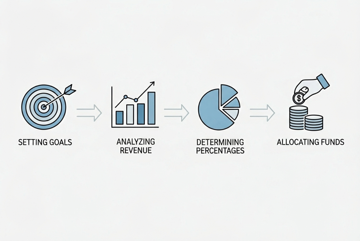 A flowchart illustrating the steps to calculate a marketing budget: Set Goals -> Analyze Revenue -> Determine Percentage -> Allocate Funds. - digital marketing budget example