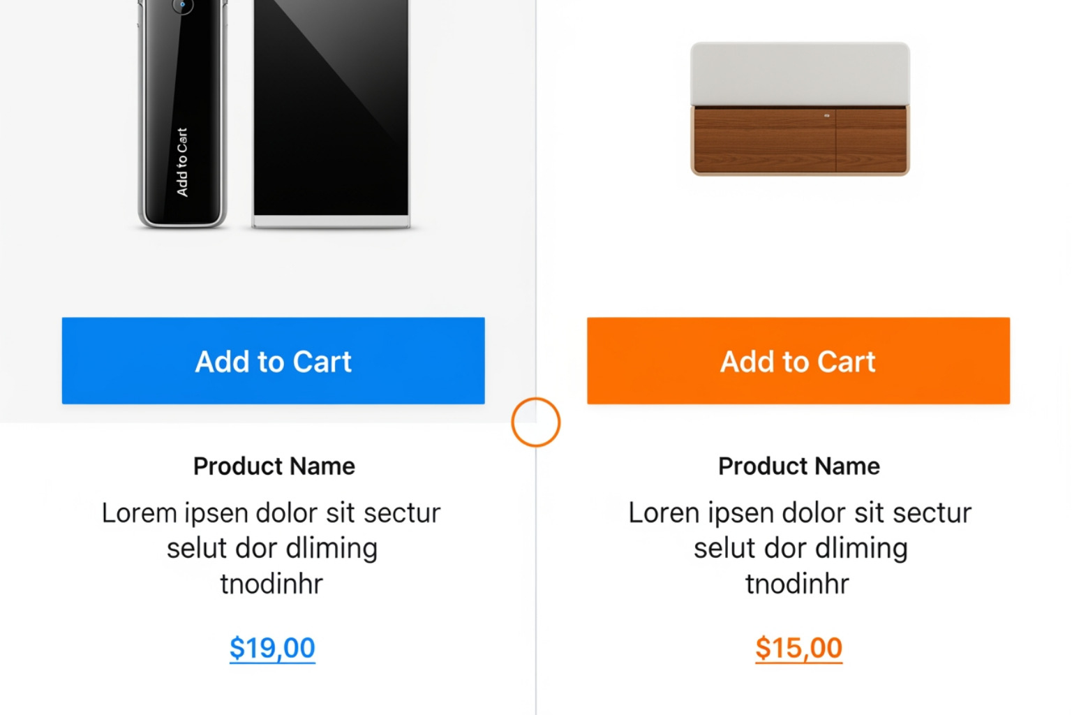 Two versions of an 'Add to Cart' button, one blue and one orange, side-by-side on a product page layout, illustrating an A/B test. - increase ecommerce conversion rate