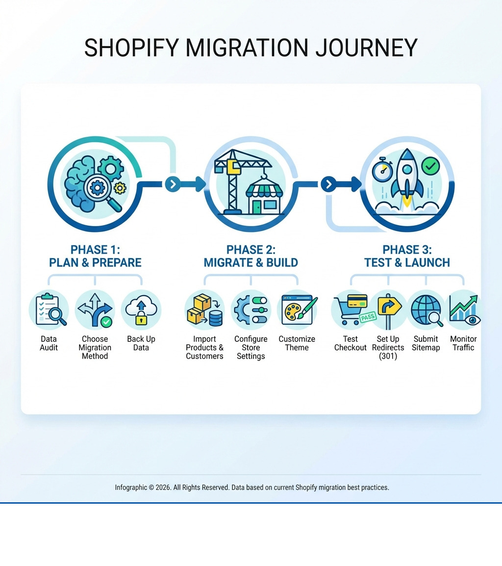 Infographic showing three phases of Shopify migration: Phase 1 Plan & Prepare (data audit, choose migration method, back up data), Phase 2 Migrate & Build (import products and customers, configure store settings, customize theme), Phase 3 Test & Launch (test checkout, set up redirects, submit sitemap, monitor traffic) - shopify store migration infographic 