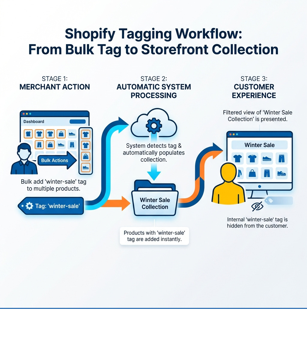 Infographic showing the Shopify tagging workflow: A merchant adds a 'winter-sale' tag to multiple products in bulk, which automatically adds those products to a 'Winter Sale' collection, creating a filtered view for customers on the storefront without them seeing the tag itself - using tags in shopify infographic 