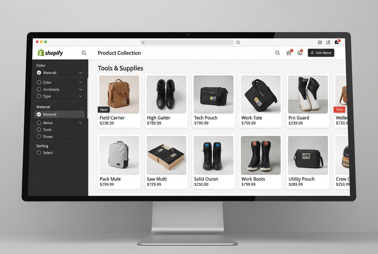 Shopify storefront showing a sidebar with filters for 'Color' and 'Material' that are powered by product tags. - using tags in shopify