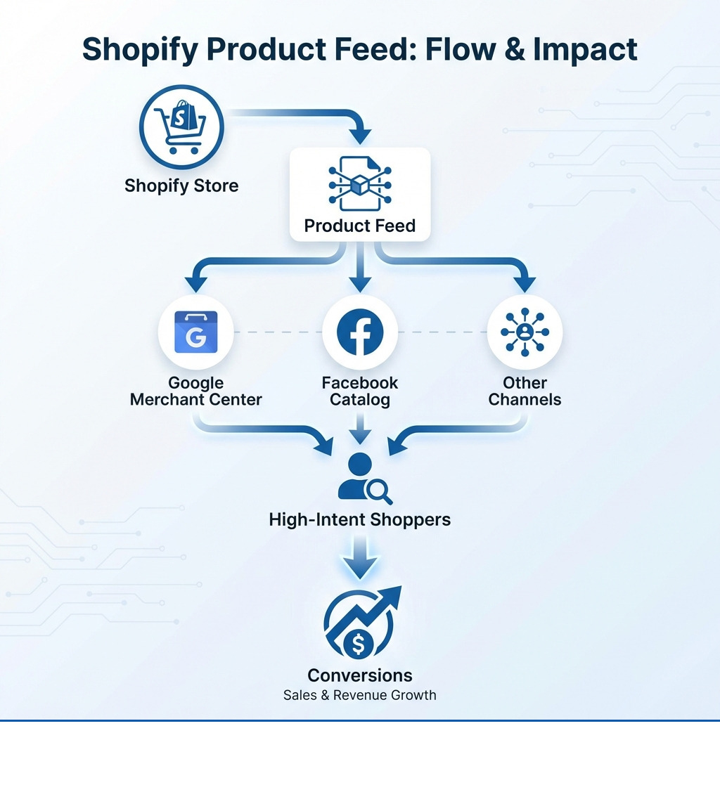 infographic showing the flow of a Shopify product feed: Shopify Store connects to Product Feed, which branches to Google Merchant Center, Facebook Catalog, and other channels, then leads to High-Intent Shoppers and finally Conversions - shopify product feed infographic 