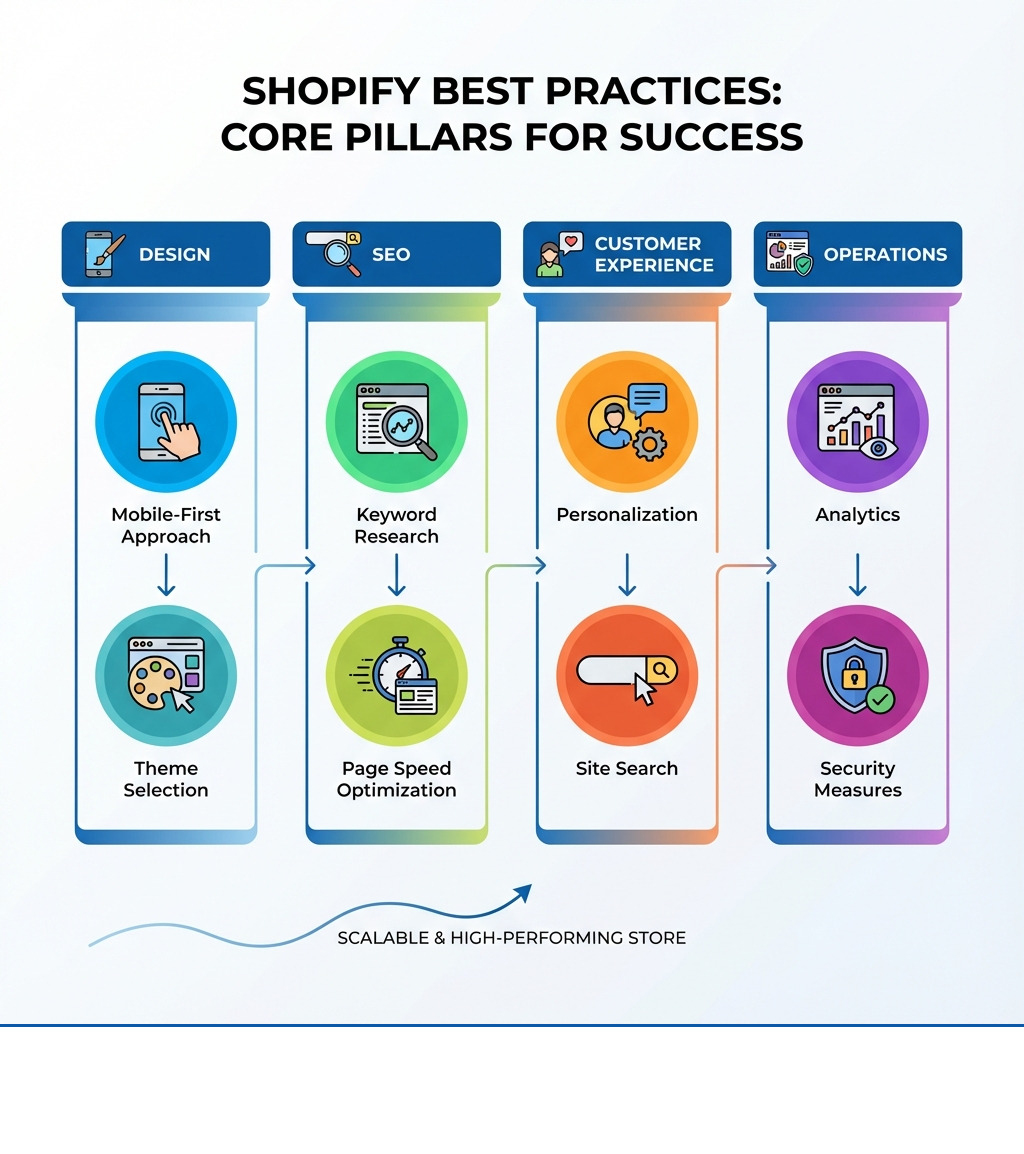 Infographic showing the key pillars of Shopify best practices: Design pillar with mobile-first approach and theme selection, SEO pillar with keyword research and page speed optimization, Customer Experience pillar with personalization and site search, and Operations pillar with analytics and security measures - Shopify best practices infographic 