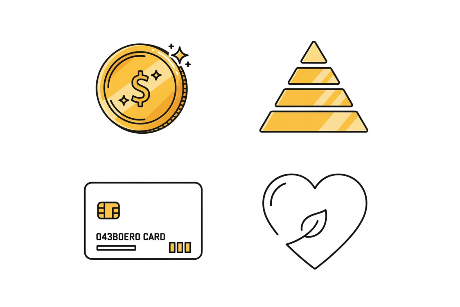 Four icons representing each loyalty program type: a point coin, a tiered pyramid, a paid subscription card, and a heart for value-based - shopify loyalty programs