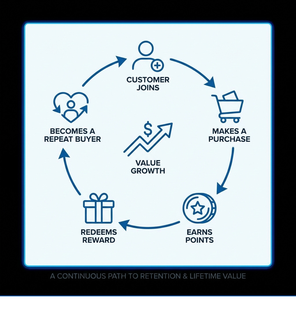 Infographic showing the customer loyalty cycle: Customer joins -> Makes a purchase -> Earns points -> Redeems reward -> Becomes a repeat buyer. - shopify loyalty programs infographic 