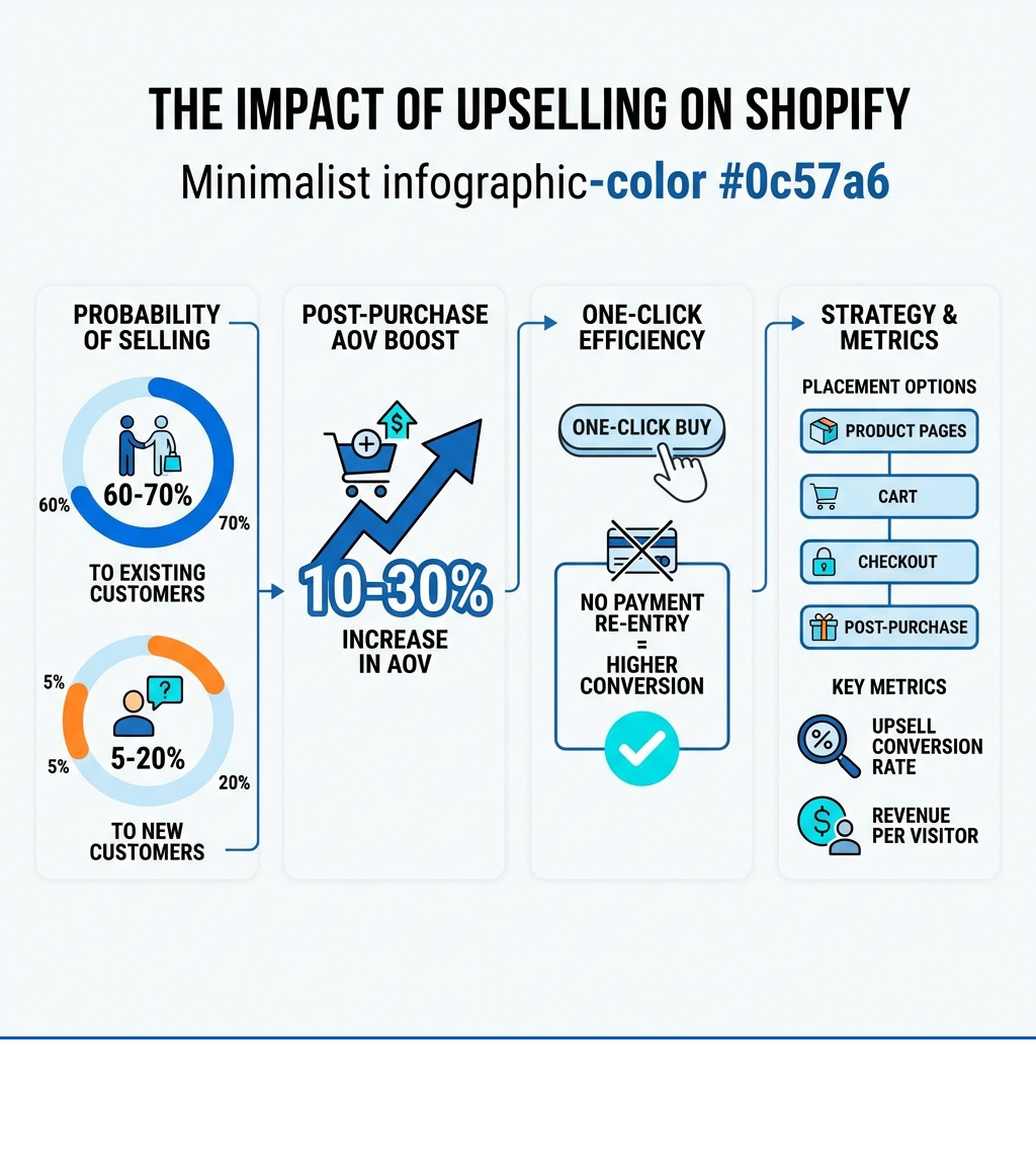 Infographic showing the impact of upselling on Shopify: 60-70% probability of selling to existing customers vs 5-20% to new customers, post-purchase upsells increase AOV by 10-30%, one-click upsells convert higher due to no payment re-entry, key metrics include upsell conversion rate and revenue per visitor, placement options include product pages, cart, checkout, and post-purchase - upselling shopify infographic 