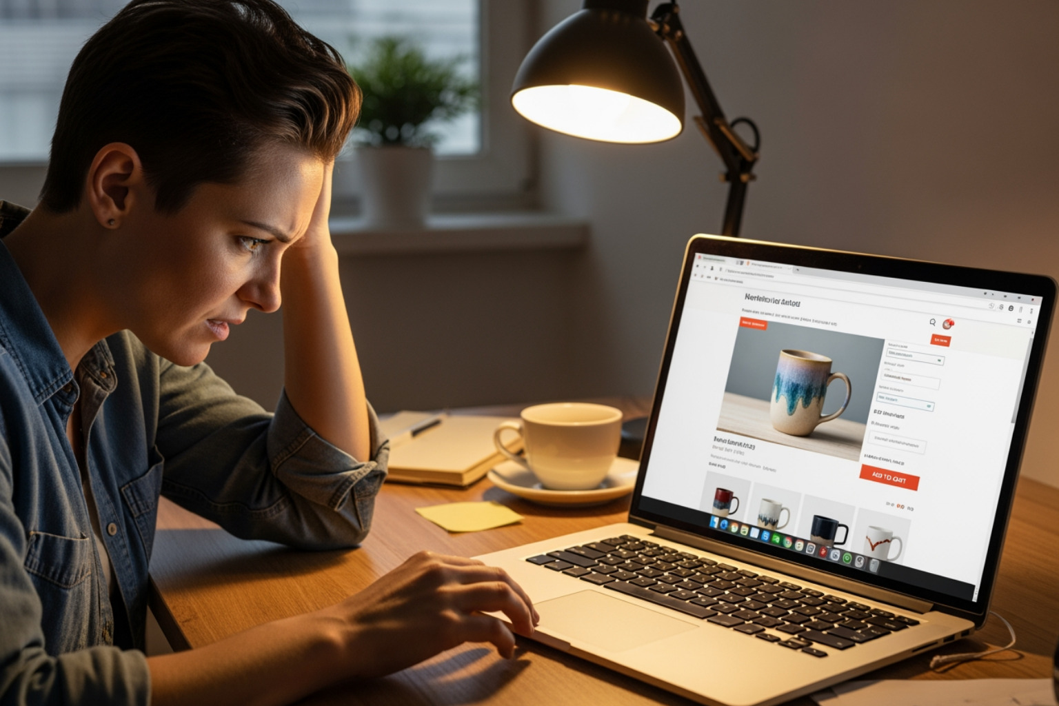 a frustrated business owner looking at a laptop screen showing their product on an unfamiliar marketplace - Amazon Shop Direct Shopify
