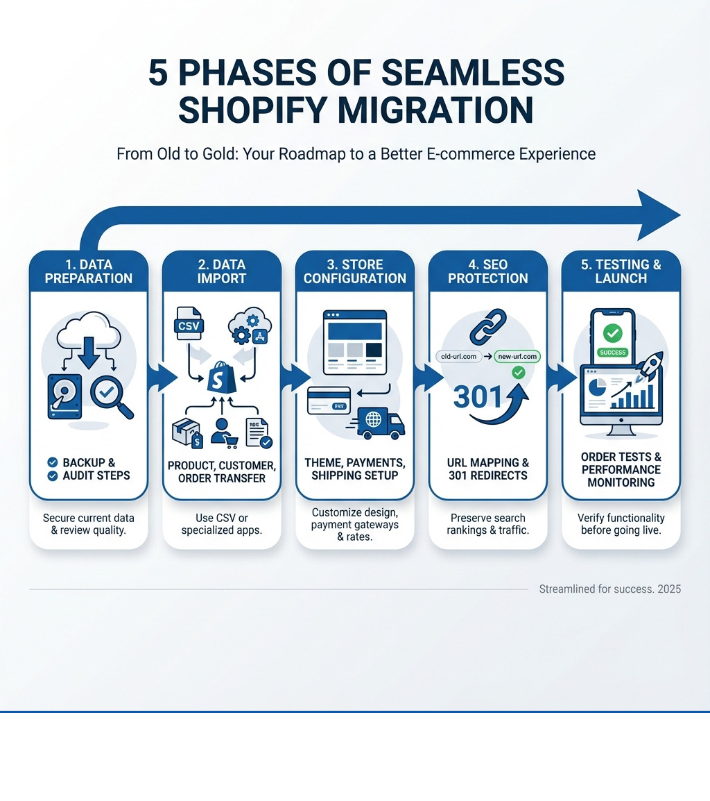 infographic showing the 5 phases of shopify migration: data preparation with backup and audit steps, data import using CSV or apps showing product customer and order transfer, store configuration with theme payments and shipping setup, SEO protection with URL mapping and 301 redirects, and testing and launch with order tests and performance monitoring - how to migrate from another platform to shopify infographic 
