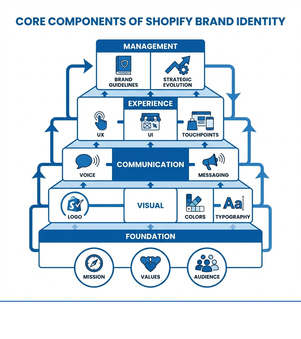 Infographic showing the core components of Shopify brand identity: Foundation layer with mission, values, and audience; Visual layer with logo, colors, and typography; Communication layer with voice and messaging; Experience layer with UX, UI, and customer touchpoints; and Management layer with brand guidelines and strategic evolution - Shopify Branding and Identity infographic 