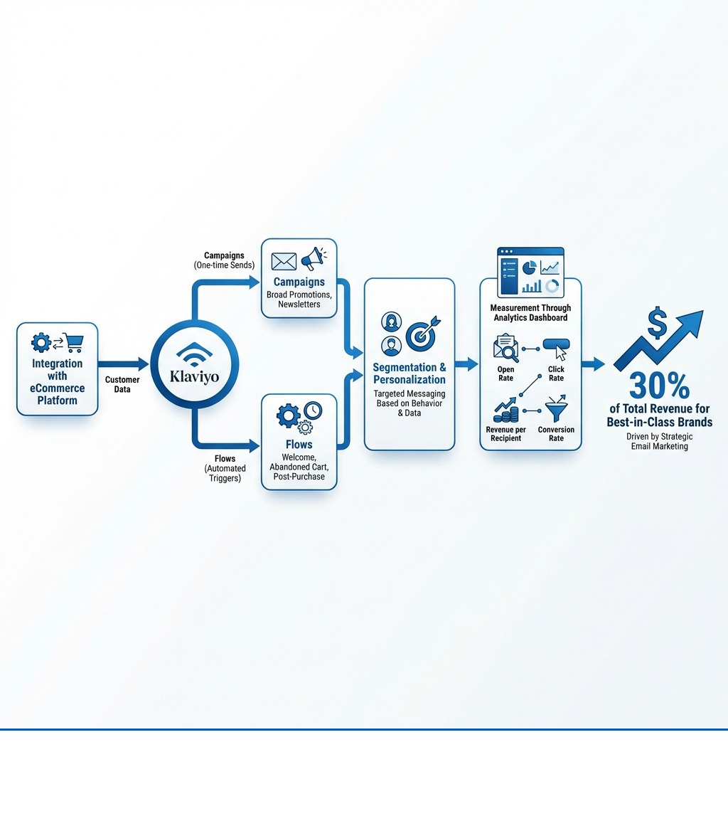 Infographic showing the key components of email marketing success: Integration with eCommerce platform feeds customer data into Klaviyo, which powers two main functions - Campaigns for one-time sends and Flows for automated triggers. These drive segmentation and personalization, leading to measurement through analytics dashboard tracking open rate, click rate, revenue per recipient, and conversion rate, ultimately contributing to 30% of total revenue for best-in-class brands. - how to use klaviyo for email marketing infographic 