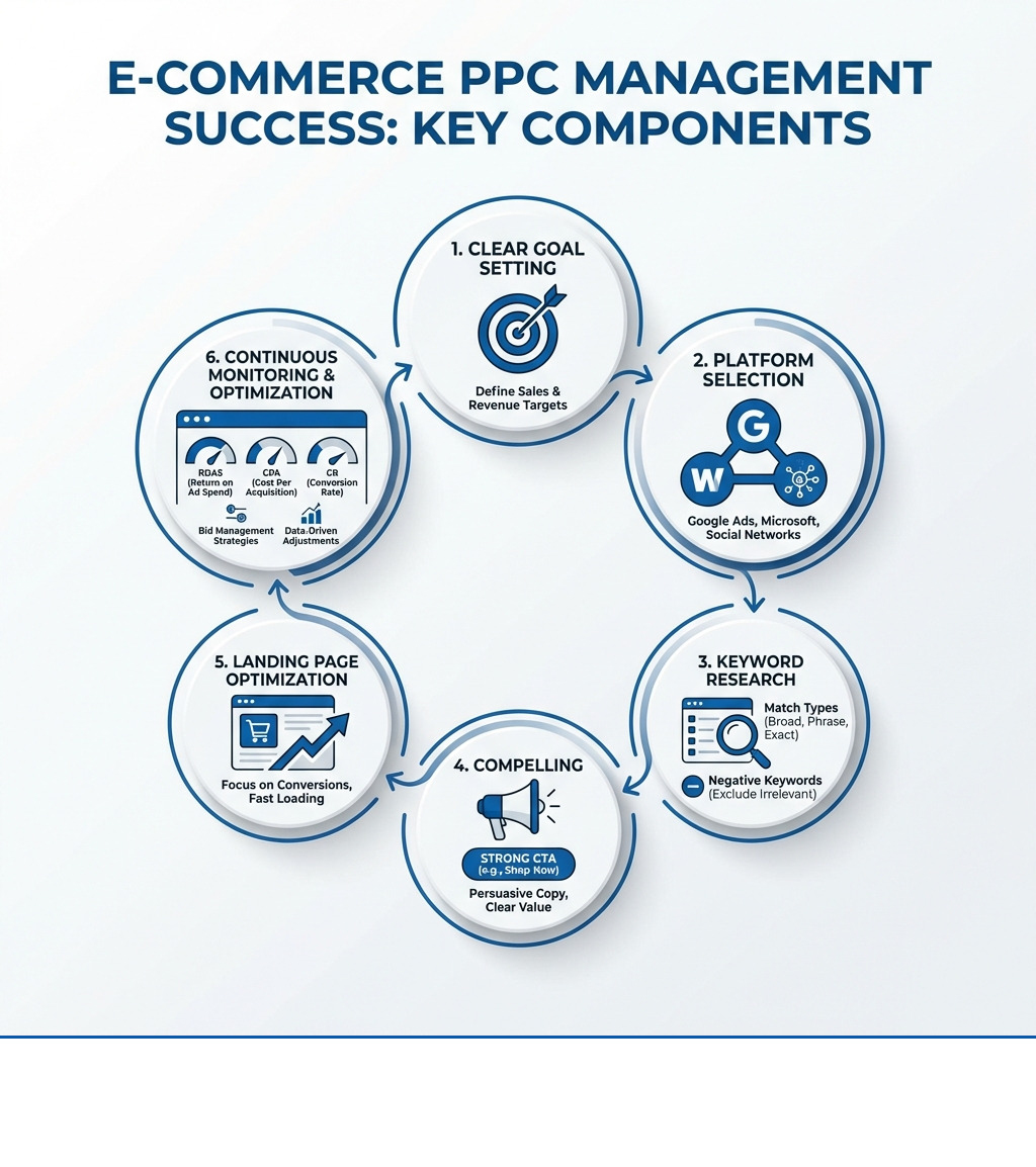 Infographic showing the key components of successful e-commerce PPC management: clear goal setting, platform selection (Google Ads, Microsoft Advertising, social media), keyword research with match types and negative keywords, compelling ad creation with strong CTAs, landing page optimization for conversions, bid management strategies, and continuous monitoring of ROAS, CPA, and conversion rate metrics - E-commerce PPC management infographic 