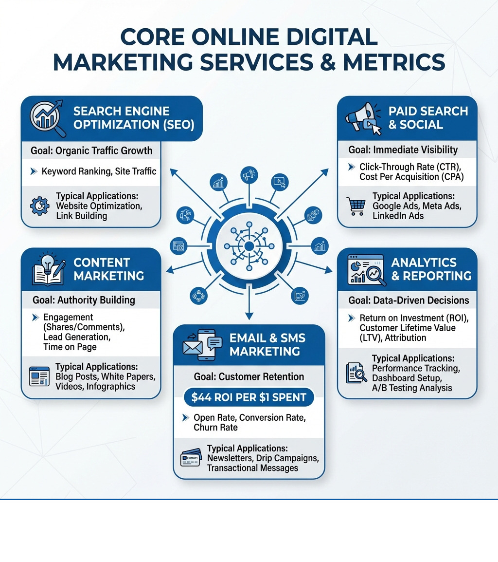 Infographic showing the five main categories of online digital marketing services: Search Engine Optimization for organic traffic growth, Paid Search and Social for immediate visibility, Email and SMS Marketing for customer retention with $44 ROI per $1 spent, Content Marketing for authority building, and Analytics and Reporting for data-driven decisions. Each category shows typical applications and key metrics businesses should track. - online digital marketing services infographic 